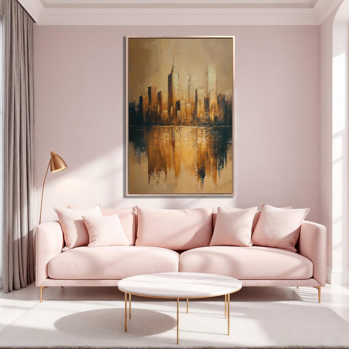 Golden City Skyline Reflection in Water Abstract Urban Art Poster - Image 2