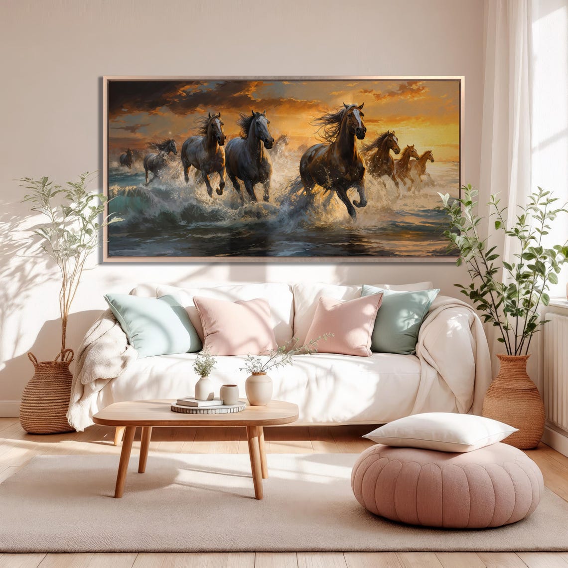 Horses Running Through Ocean Waves Golden Sunset Large Wall Art - Image 4