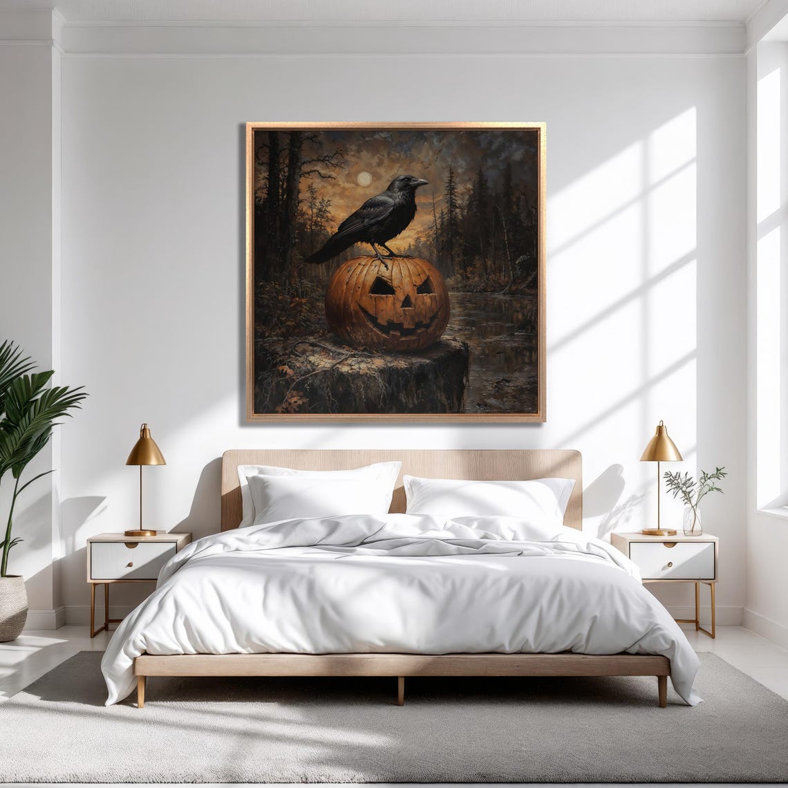 Halloween Crow Perched On Jack O Lantern Moonlit River Poster - Image 4