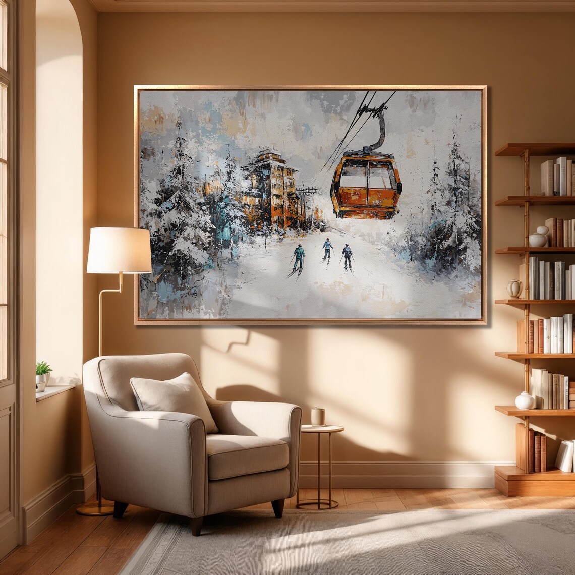 Orange Gondola and Skiers with Snowy Village Soft Winter Poster - Image 6