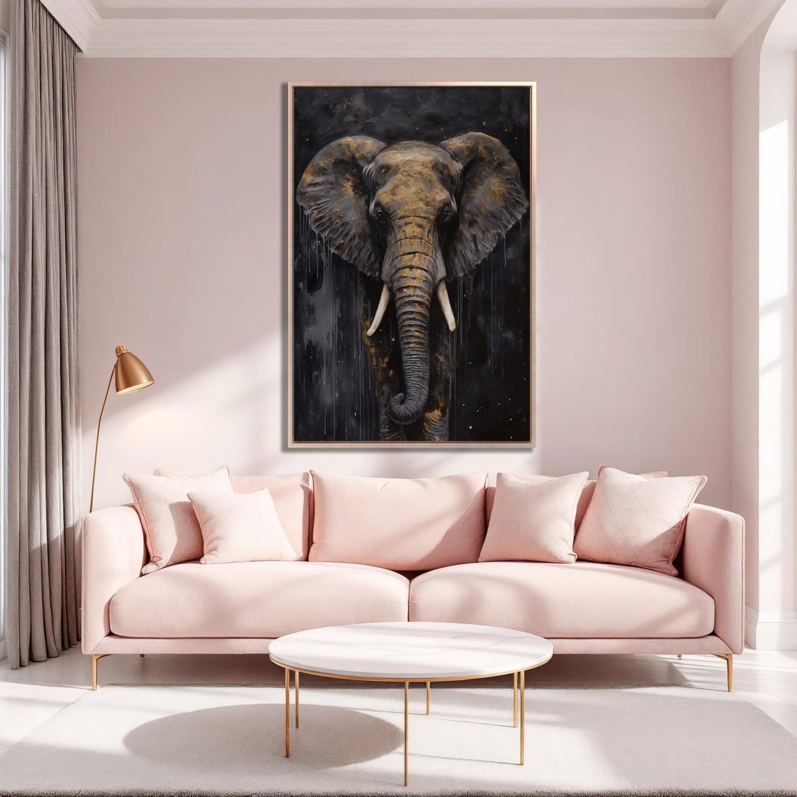 Elephant Front Portrait Gold And Black Brushstrokes Animal Wall Art - Image 4