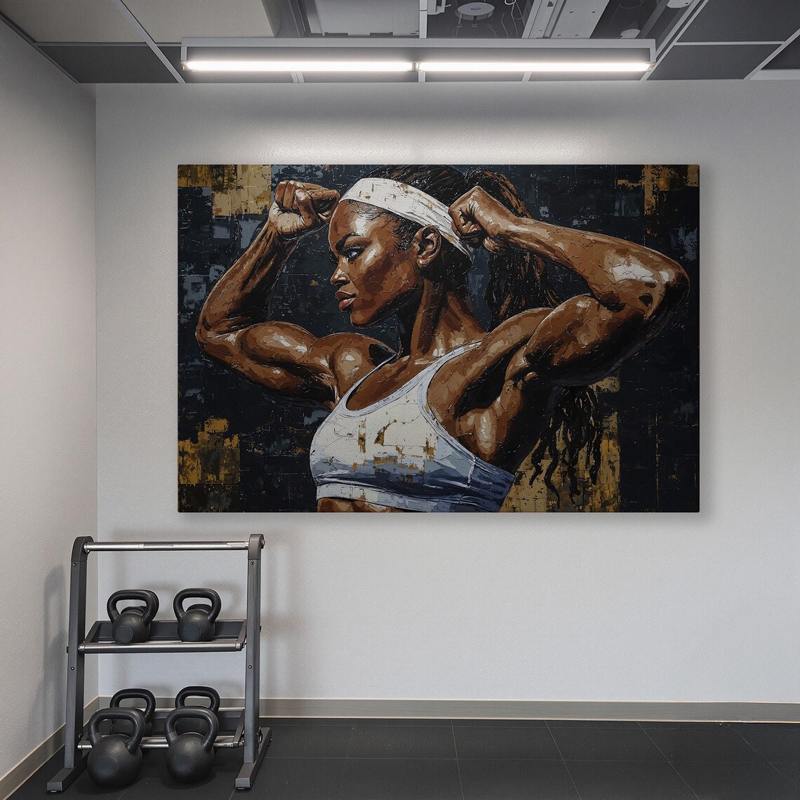 Powerful Woman Flexing with White Headband Dark Gold Fitness Poster - Image 6