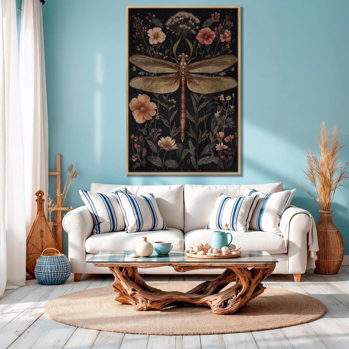 Copper Dragonfly With Soft Pink Cosmos Flowers on Black Poster - Image 4
