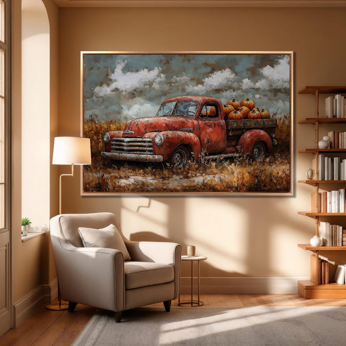 Vintage Red Chevrolet Pickup Truck Loaded With Pumpkins Poster - Image 6