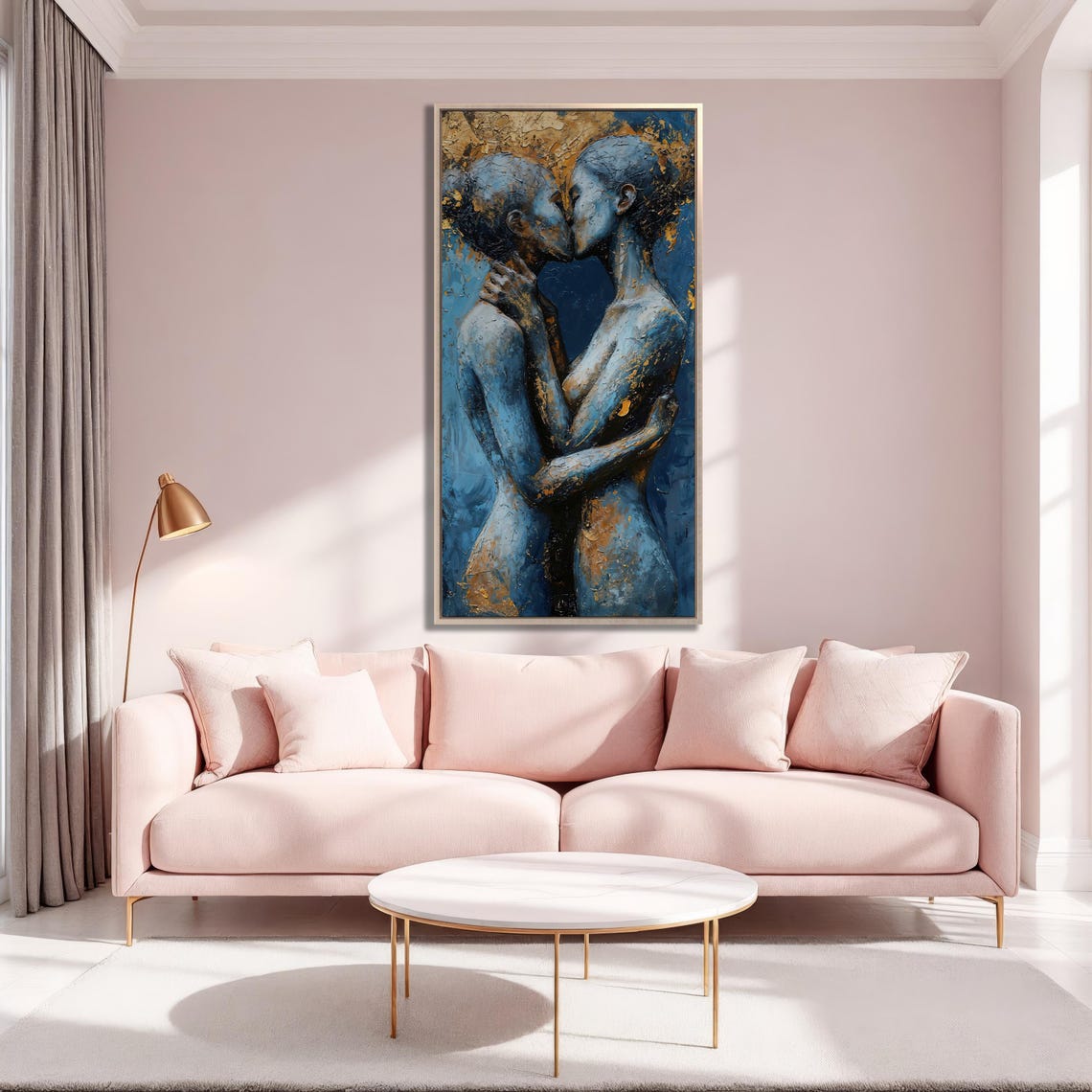 Embracing Couple Blue And Gold Textured Abstract Love Wall Art - Image 2