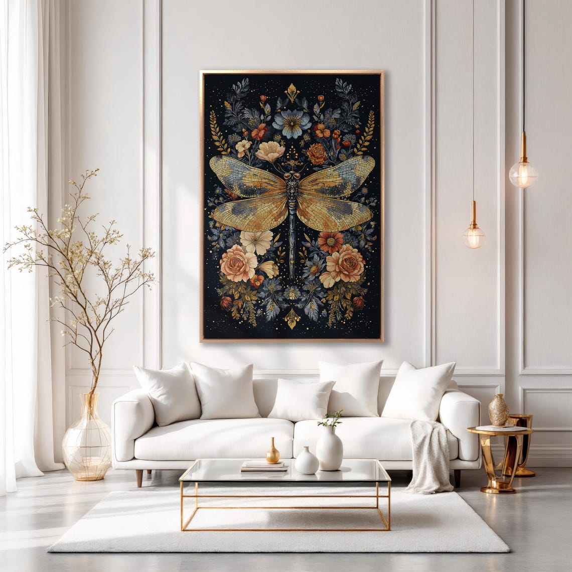 Golden Dragonfly With Ornate Rose Wreath Night Garden Poster - Image 6