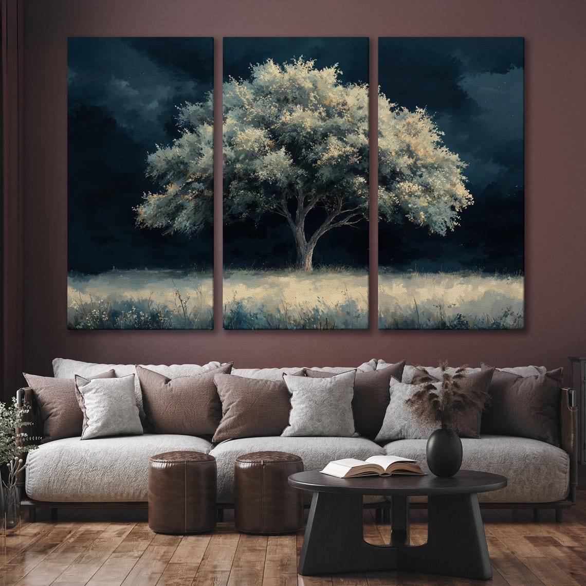 Lone Pale Tree Under Dark Stormy Night Sky Moody Landscape Art Poster - Image 6
