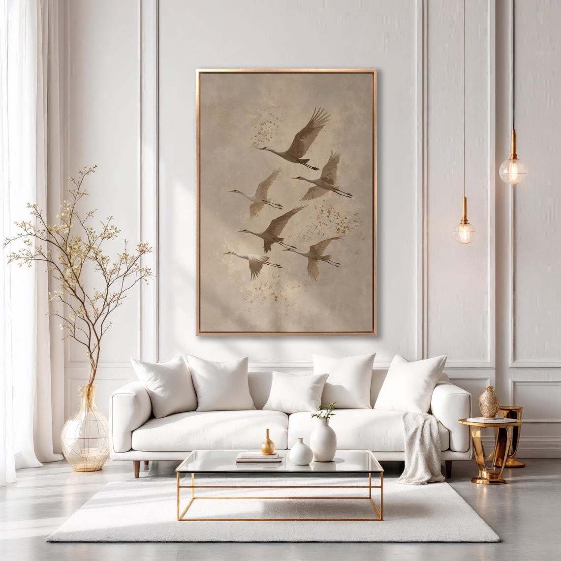 Six Cranes in Flight Sepia Tones Minimalist Bird Elegant Art Poster - Image 4