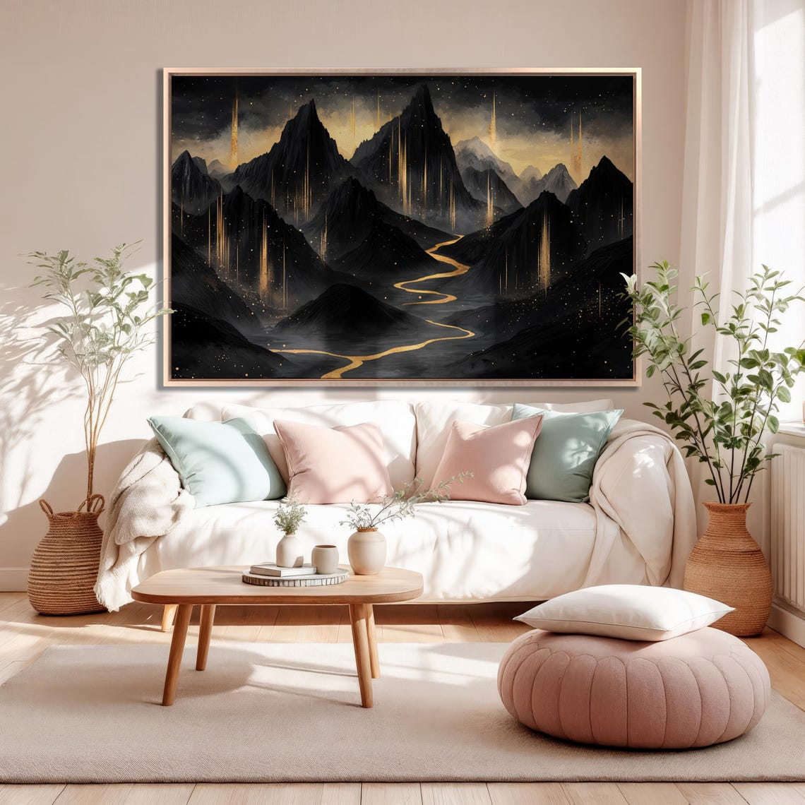 Starry Night Mountain Valley with Winding Golden River Art Poster - Image 3