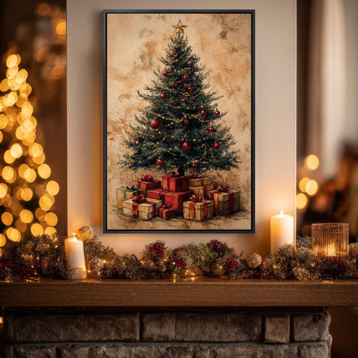 Vintage Christmas Tree With Gifts Rustic Holiday Painting Poster