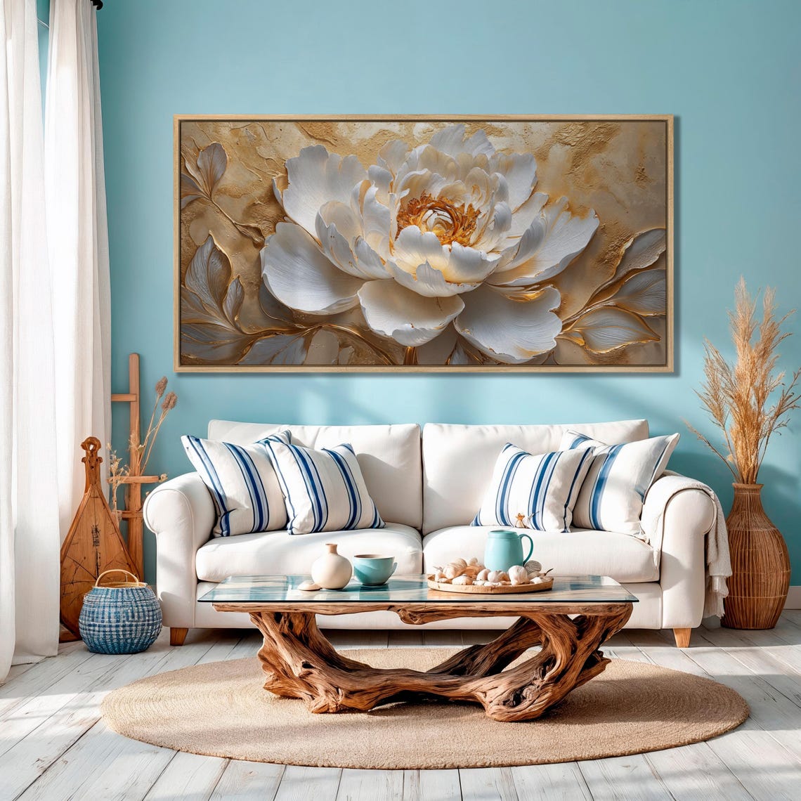 Large White And Gold Peony Bloom Sculpted Relief Botanical Poster - Image 2