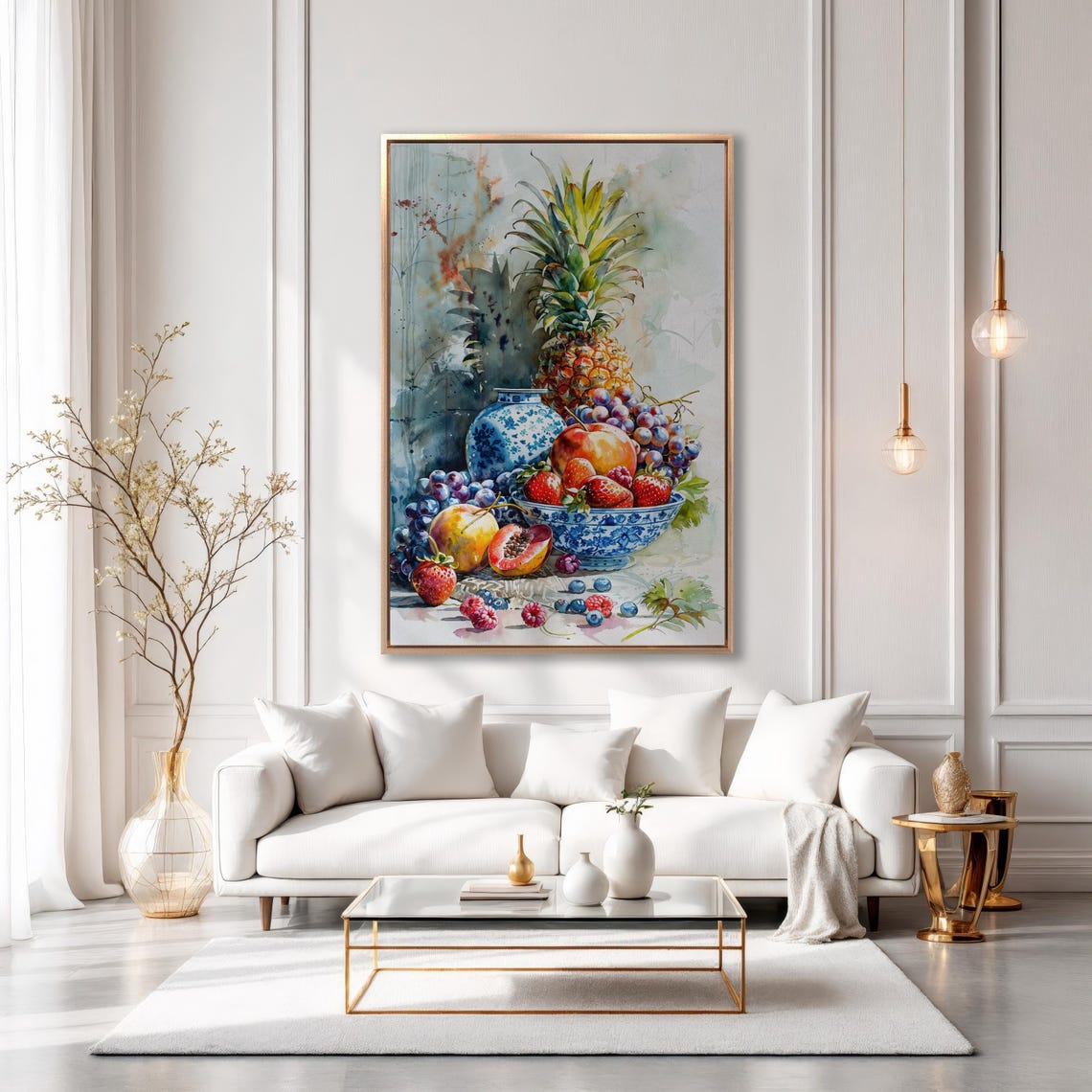 Watercolor Fruit Still Life With Pineapple And Blue Porcelain Poster - Image 3