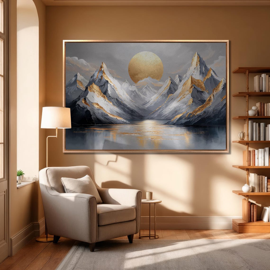 Golden Sun Rising Over Gray Mountains and Calm Lake Art Poster - Image 3