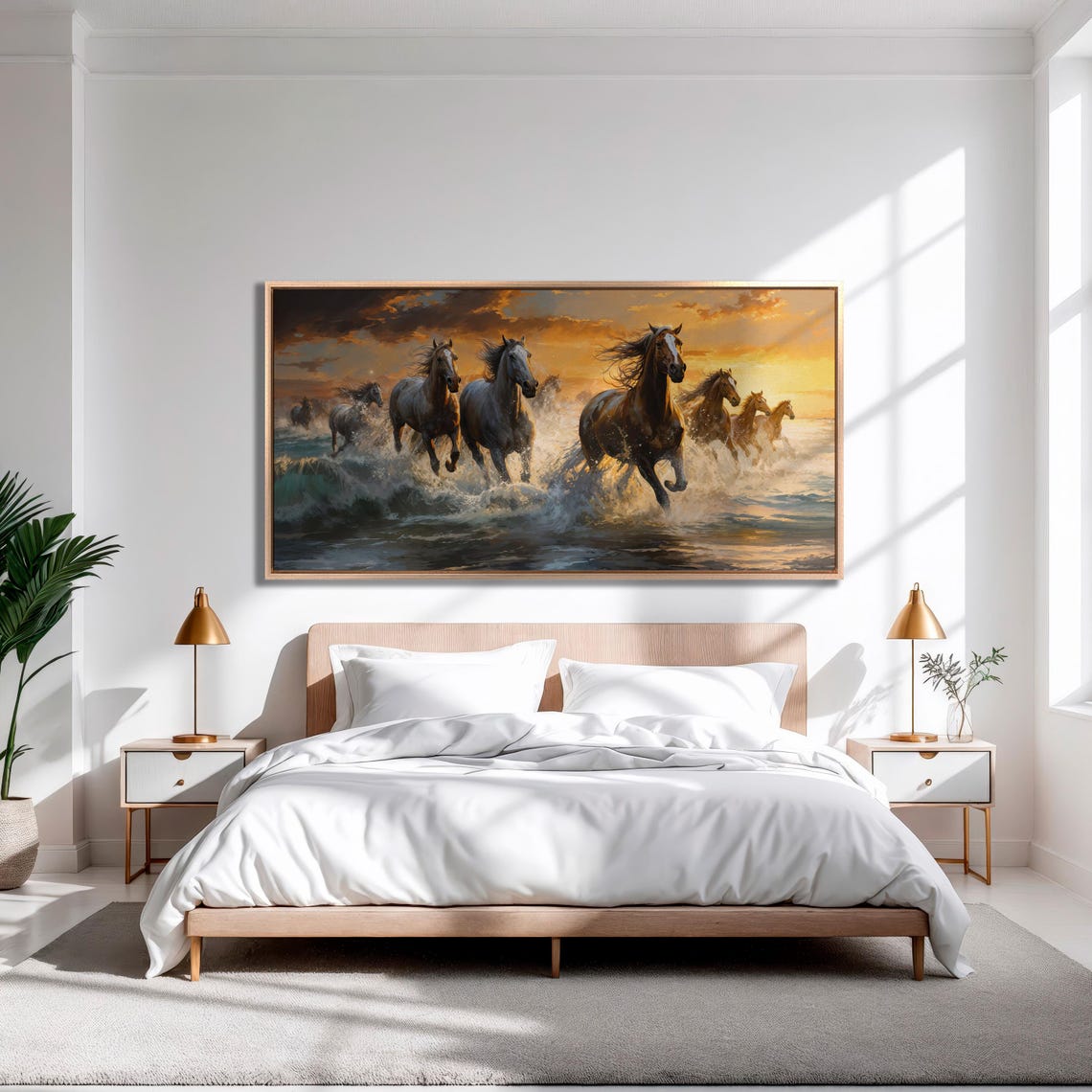 Horses Running Through Ocean Waves Golden Sunset Large Wall Art - Image 3