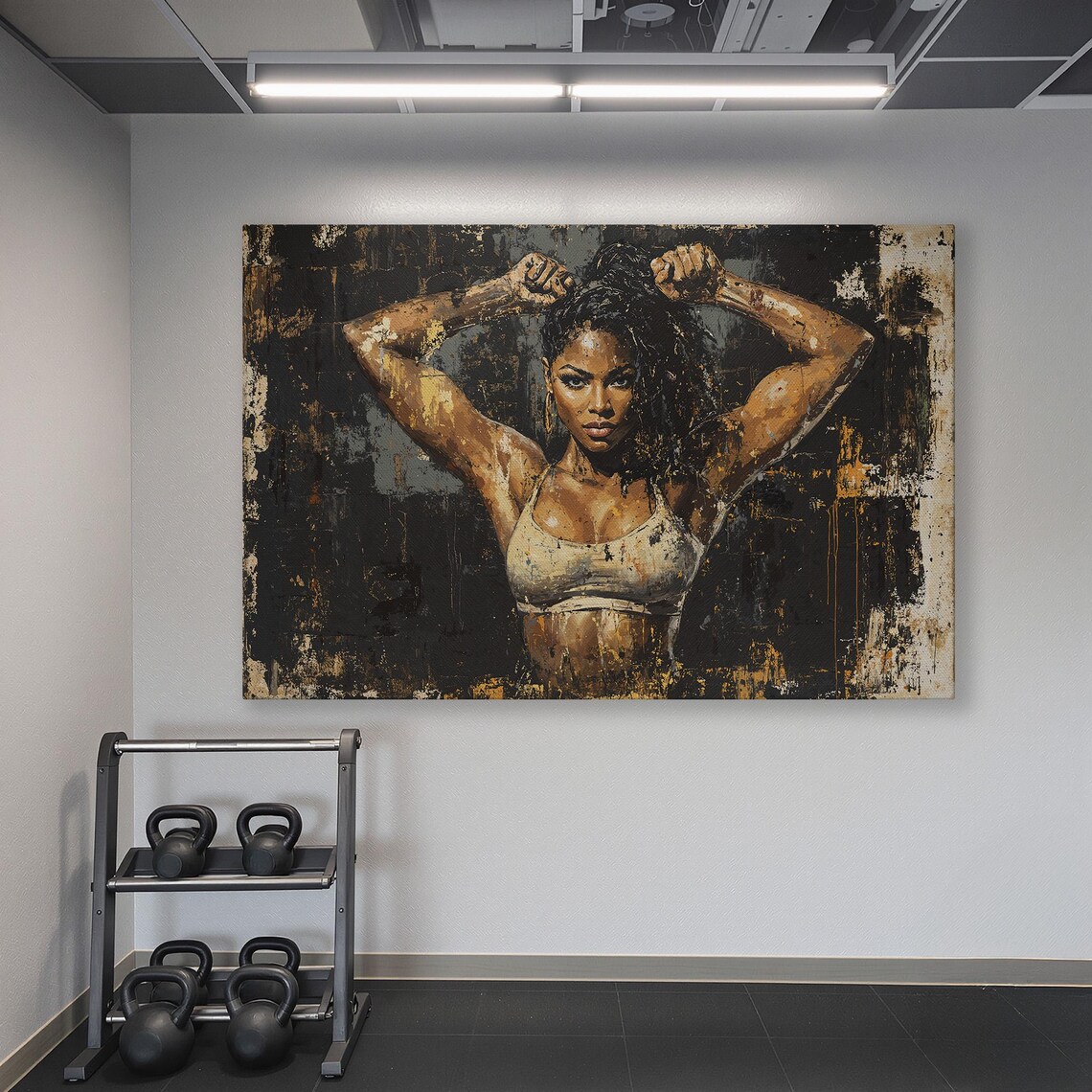 Fit Black Woman With Arms Raised On Dark Black Gold Gym Poster - Image 6