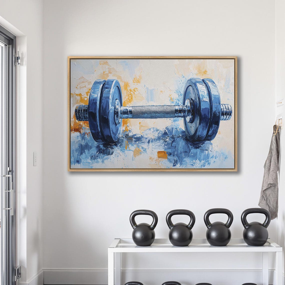 Blue Painted Dumbbell on Abstract Orange Splash Background Poster - Image 2