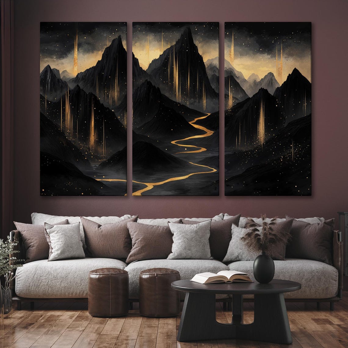 Starry Night Mountain Valley with Winding Golden River Art Poster - Image 6