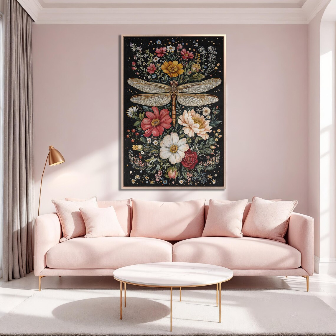 Golden Dragonfly Hovering Over a Lush Flower Bouquet on Black Poster - Image 5