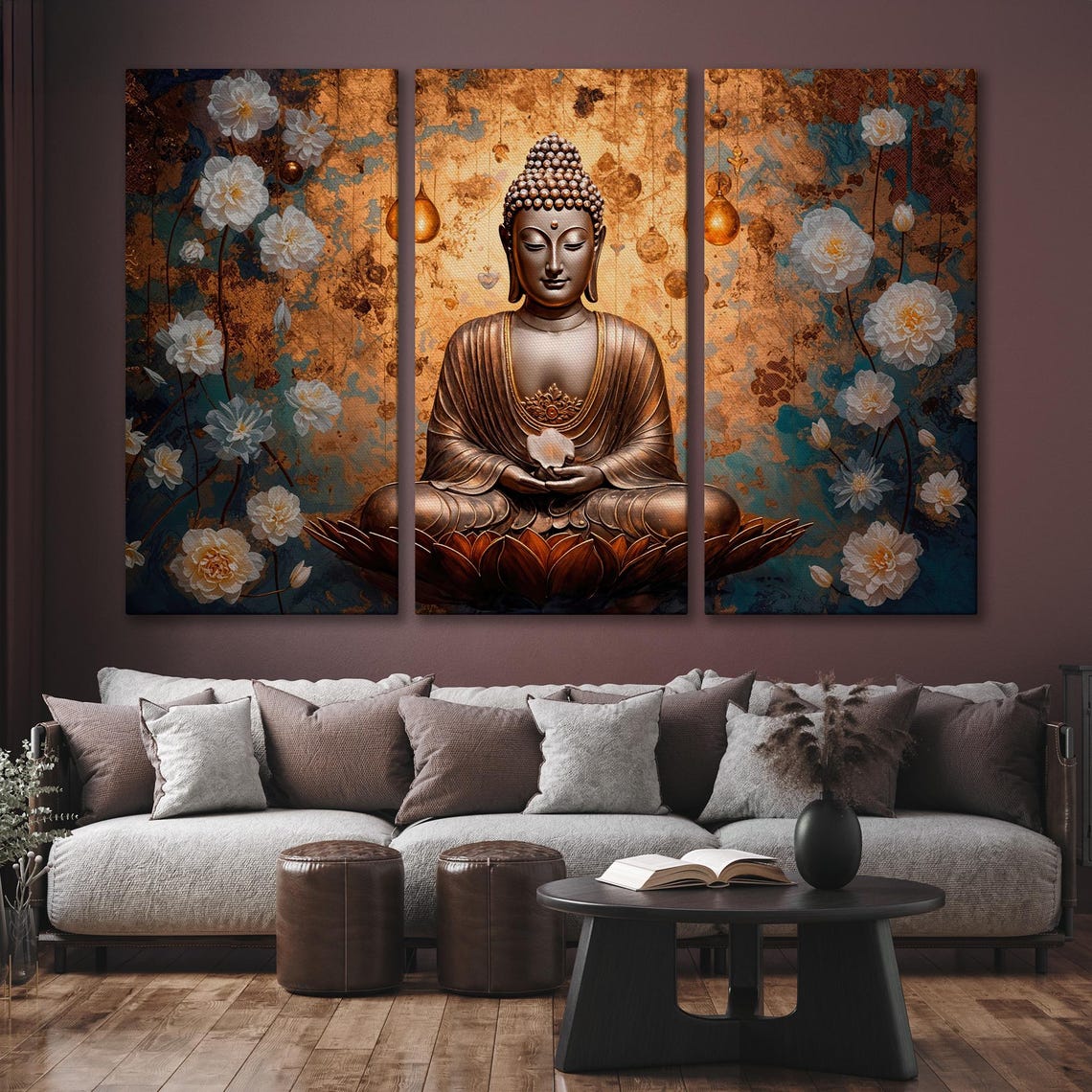 Bronze Buddha Meditating On Lotus Flower Floral Zen Wall Art - Image 6