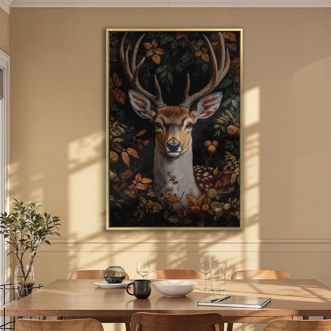 Noble Deer Buck Portrait Among Autumn Leaves on Dark Art Poster - Image 2