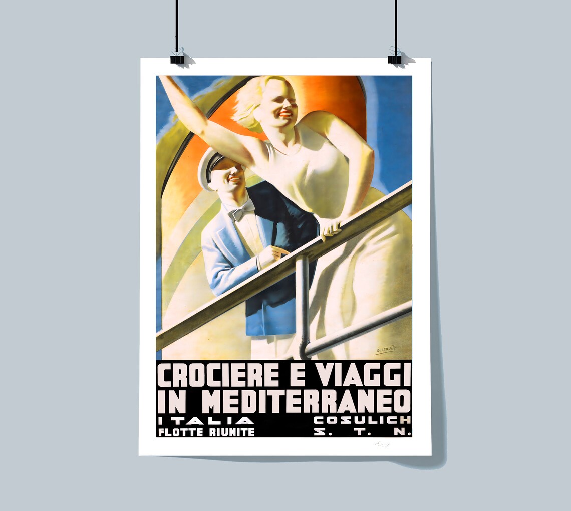 Cosulich Italia Mediterranean Cruise Couple Vintage Ship Poster - Image 3