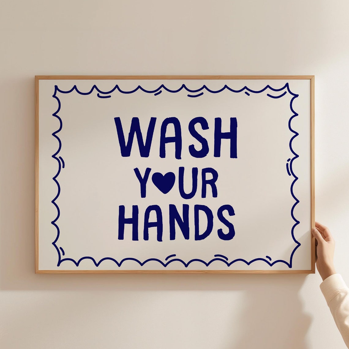 Navy Blue Wash Your Hands Typography Poster for Bathroom Walls