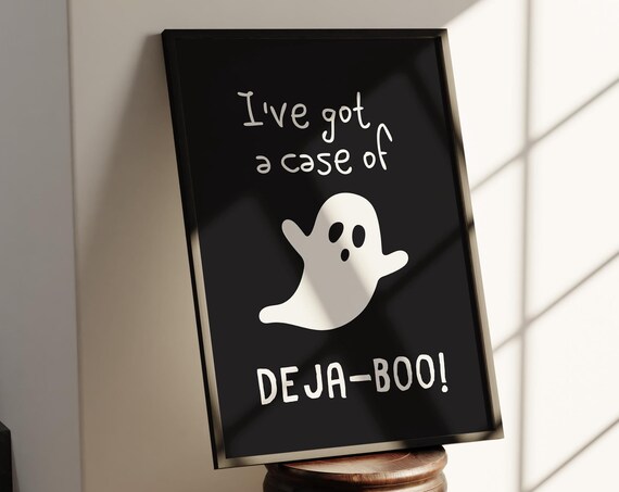 Deja-Boo Ghost Pun White Ghost on Black Minimalist Halloween Poster