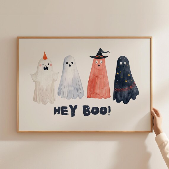Hey Boo Print Halloween Prints Halloween Printables Cute Halloween Decor Cute Ghost Wall Art Quirky Halloween Art
