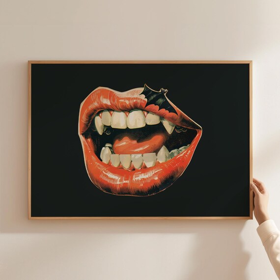 Red Vampire Lips With Fangs And Bat Retro Horror Halloween Poster
