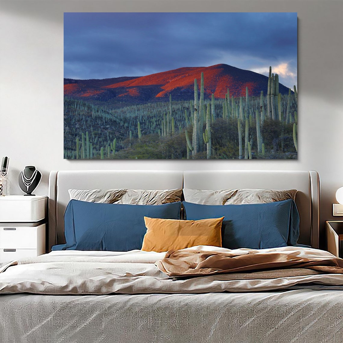 Desert Cactus Sunset Red Mountain Columnar Cacti Landscape Poster - Image 2