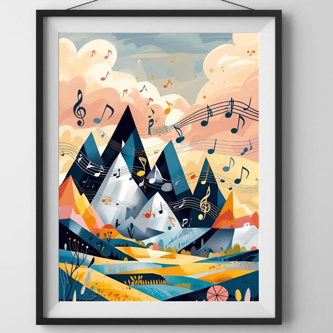 Geometric Mountain Landscape with Floating Music Notes Jazz Art Poster