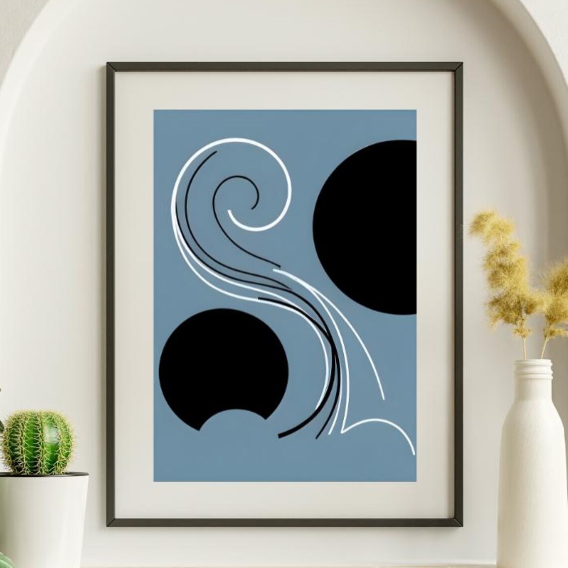 Mid Century Abstract Blue Black Circles White Spiral Wave Poster