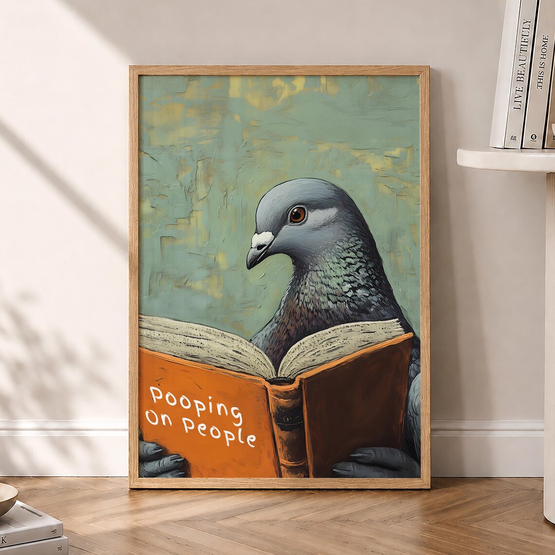 Funny Bathroom Print, Pigeon Pooping On People Poster