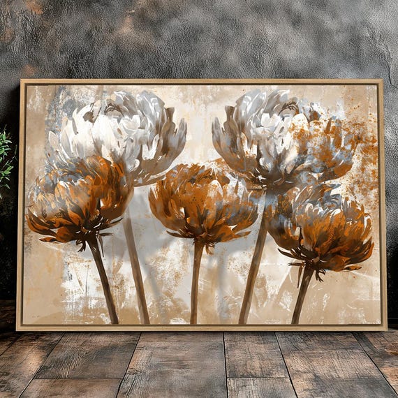 Delightful Abstract Floral Framed Canvas Wall Art Brown White Flowers Painting Print Botanical Poster Rustic Minimalist Decor Ready To Hang