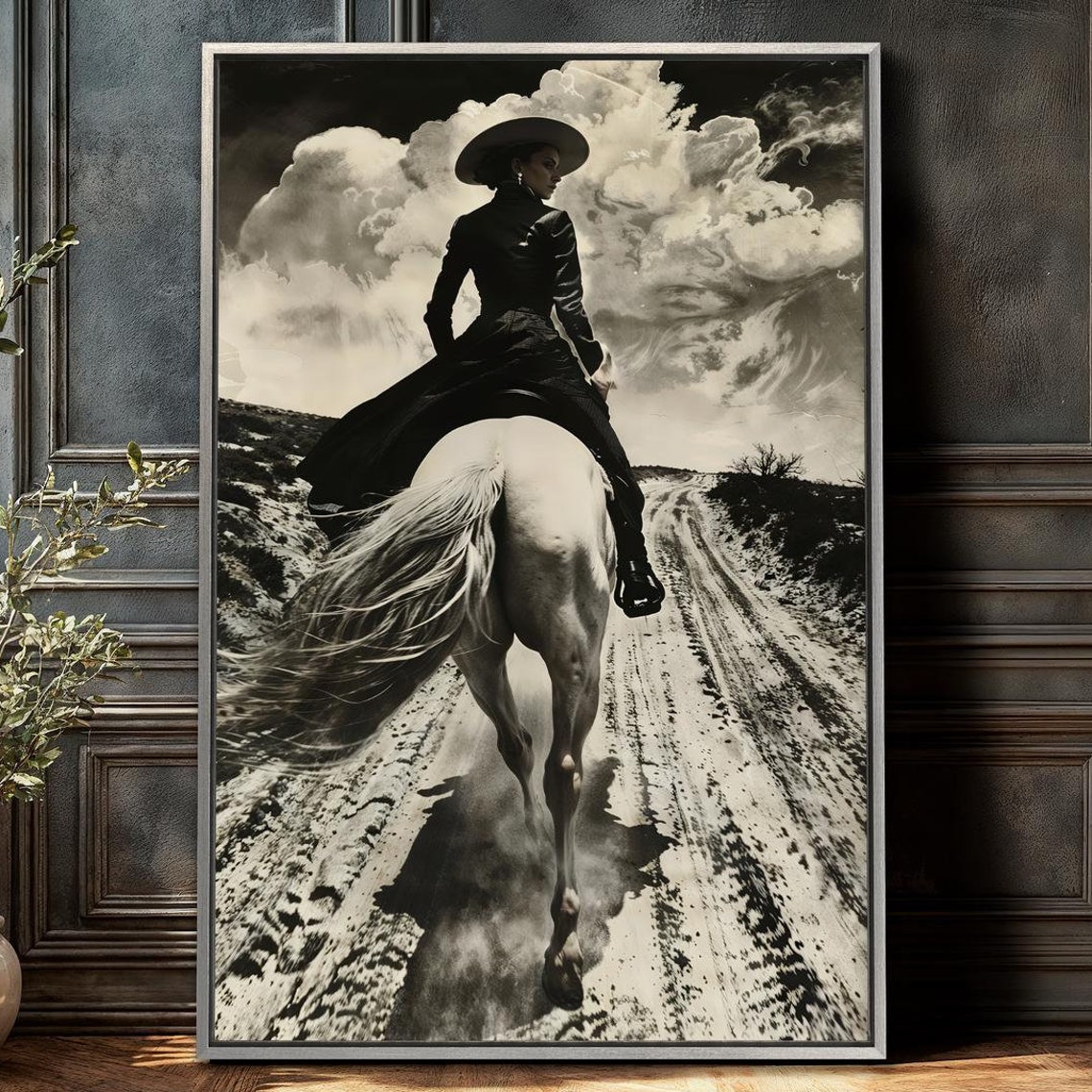 Black And White Horseback Rider Woman Framed Wall Art Rustic Cowgirl Painting Print Equestrian Poster Western Gift Ready To Hang