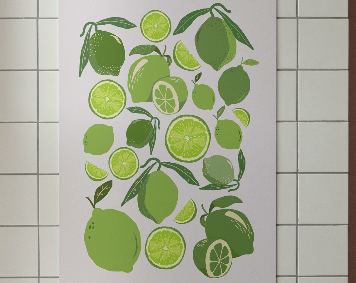 Limes Citrus Fruit Pattern Illustrated Green Kitchen Wall Art