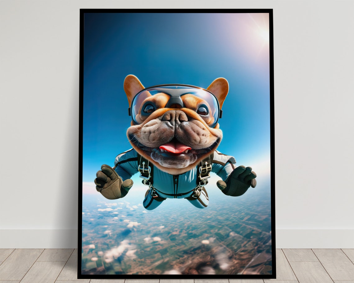 Photograph Of A Skydiving French Bulldog Epic Wall Art Animal Print Free Fall Dog Poster Extreme Sport Decor Unique Dog Lover Gift