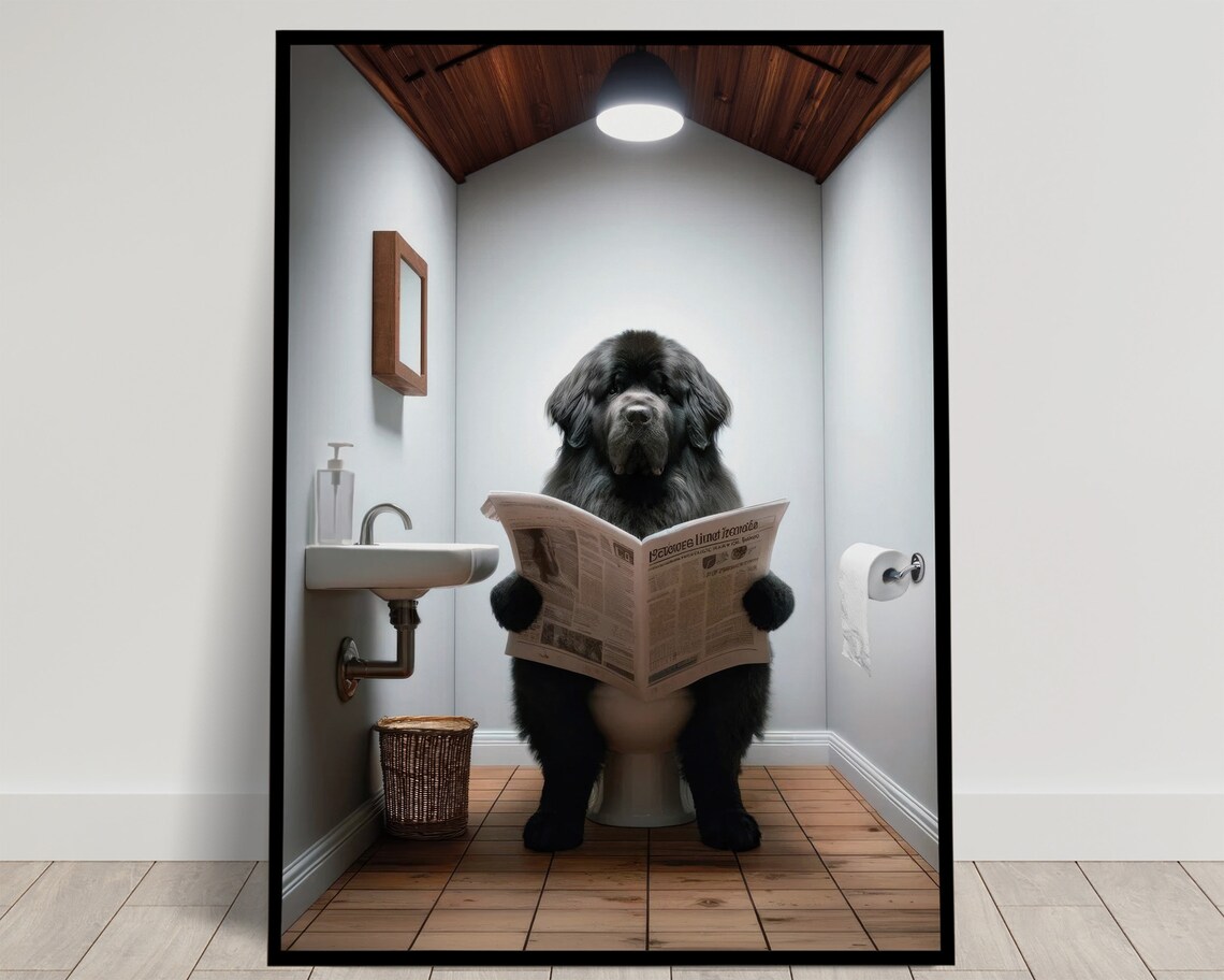 Black Newfoundland Reading Newspaper Bathroom Poster