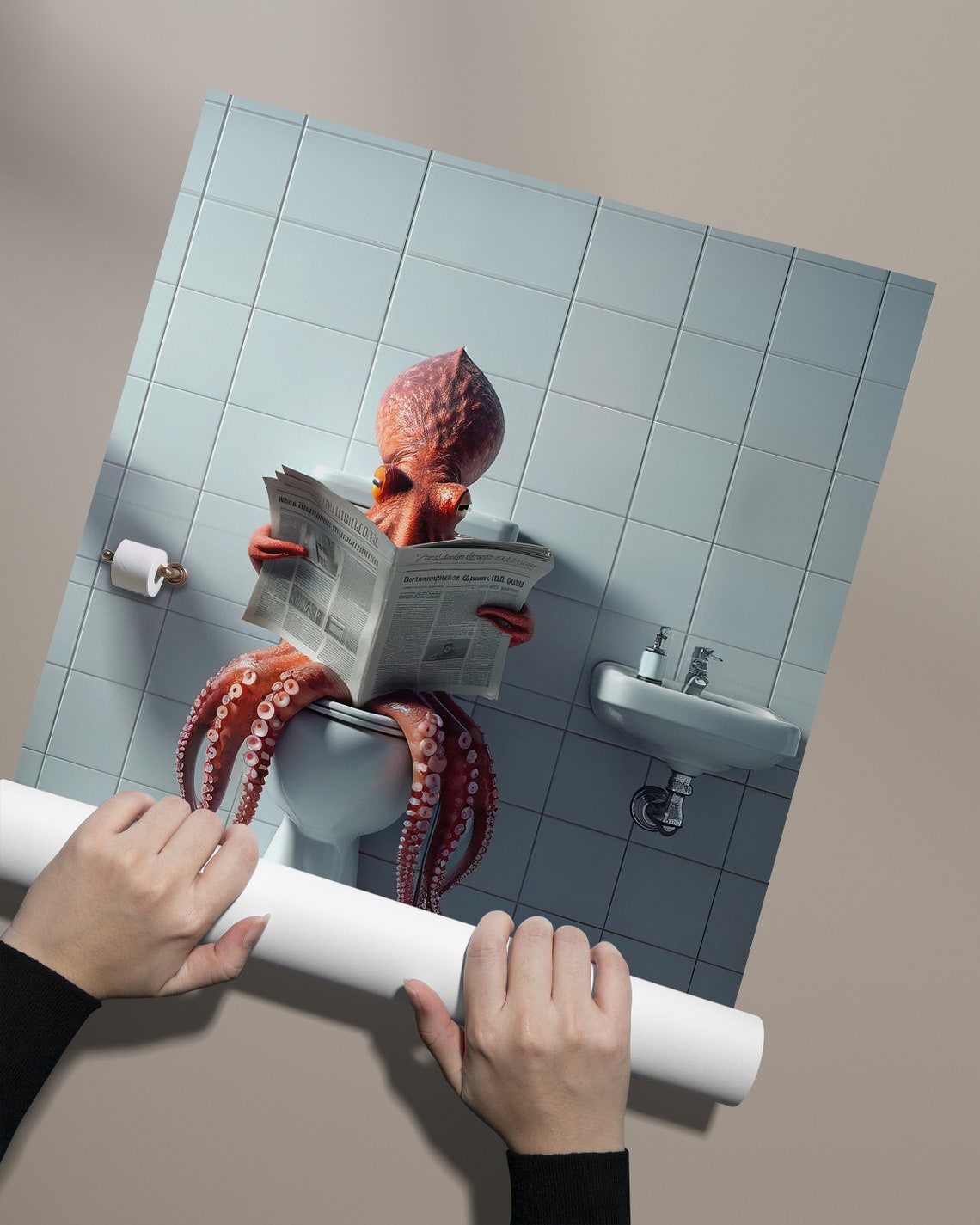 Octopus Reading Newspaper While Sitting on the Toilet Funny Poster - Image 2
