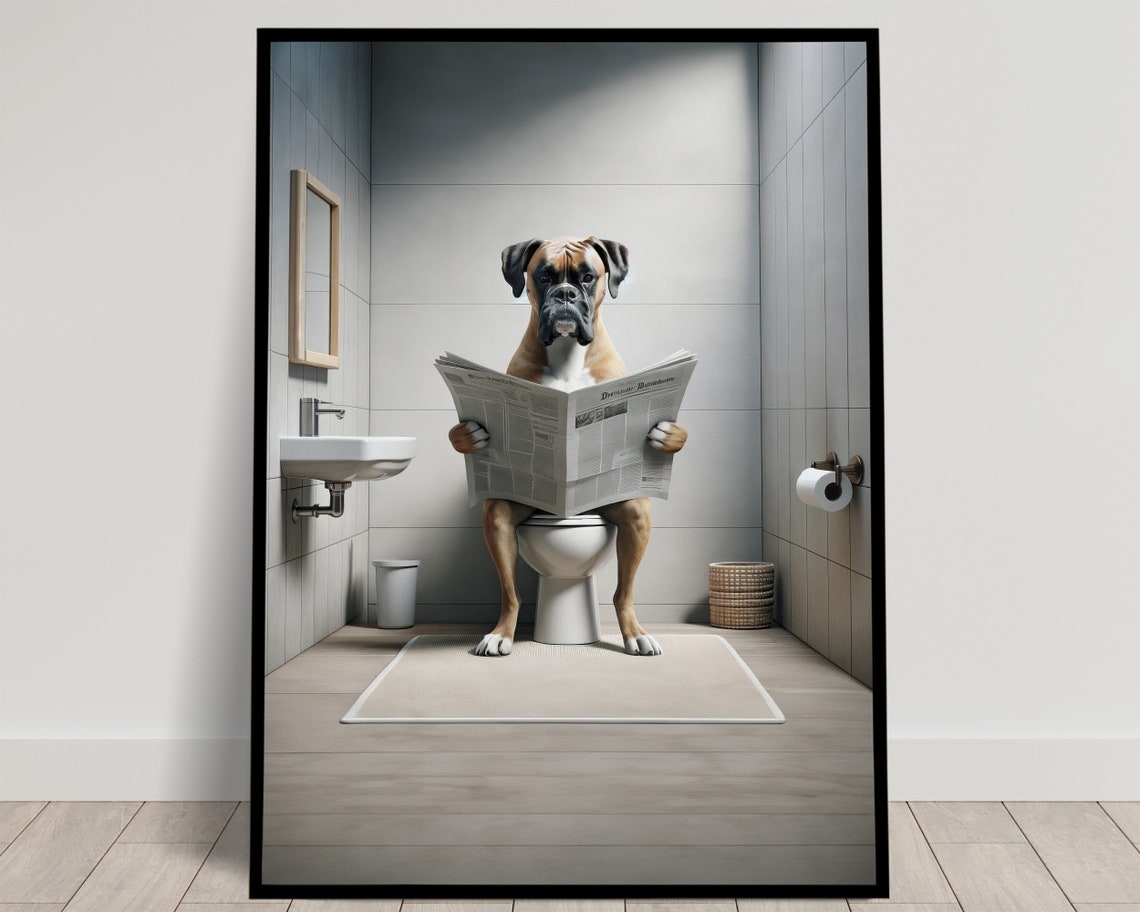 Funny Boxer Dog Reading Newspaper On Toilet Bathroom Humor Poster