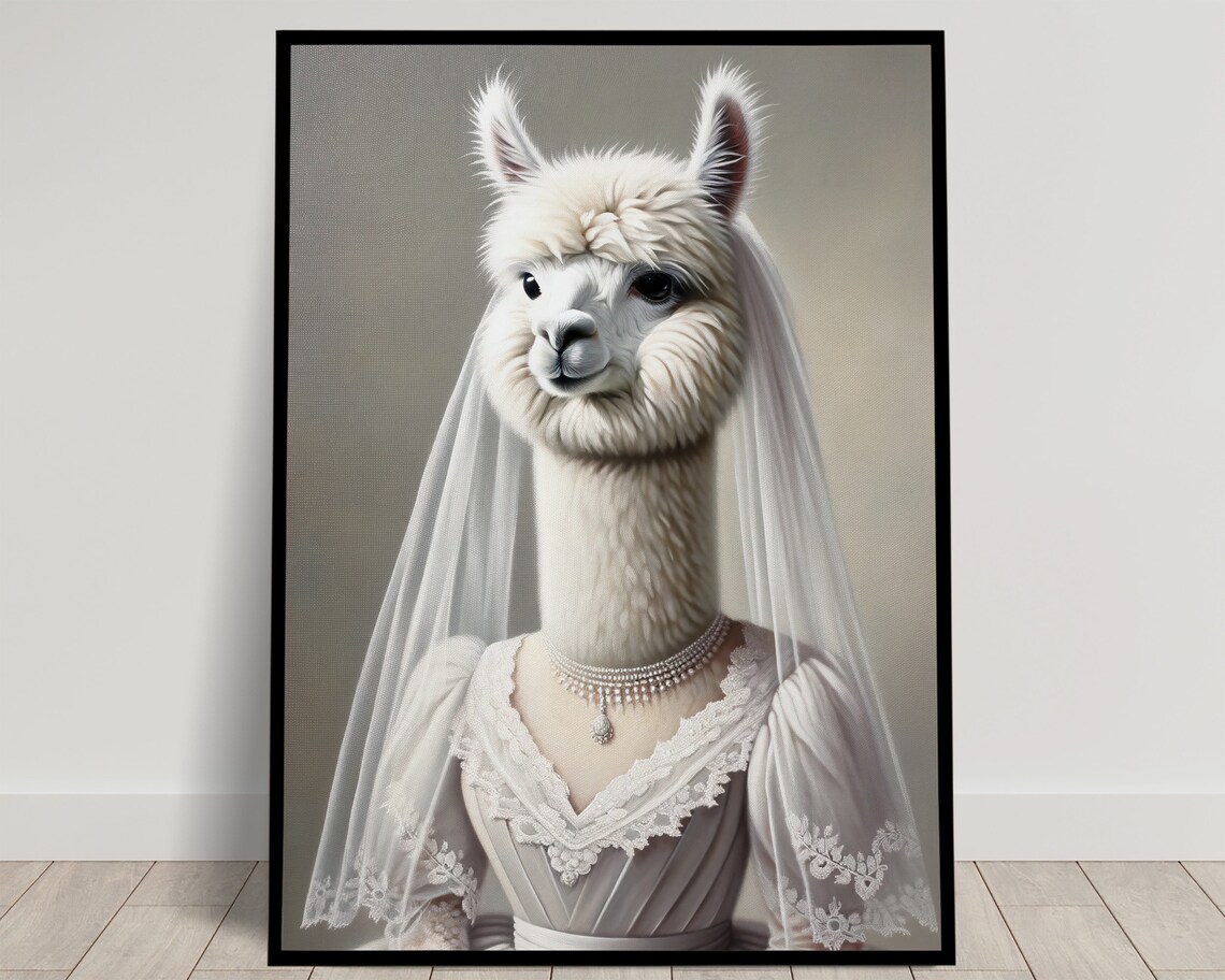 Alpaca Bride in Wedding Dress Veil and Pearl Necklace Funny Poster