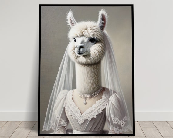 Portrait Of A Alpaca Wearing A Wedding Dress Animal Wall Decor Alpaca Mariage Poster Bride Wall Art Funny Frame Unique Gift