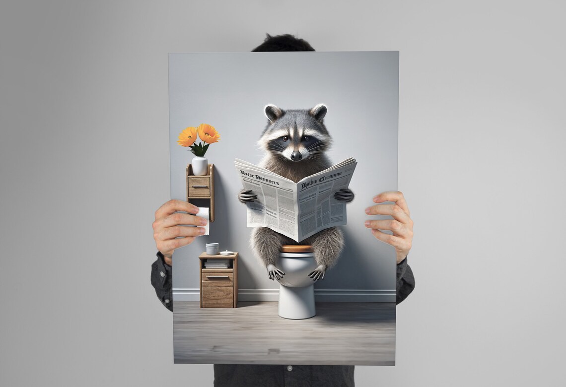 Photograph Of A Raccoon Reading The Newspaper On The Toilet Funny Bathroom Decor Bathroom Wall Art Wc Toilet Poster Unique Funny Gift - Image 3