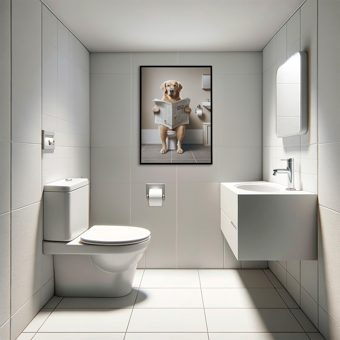 Golden Retriever Reading Newspaper Bathroom Poster - Image 4