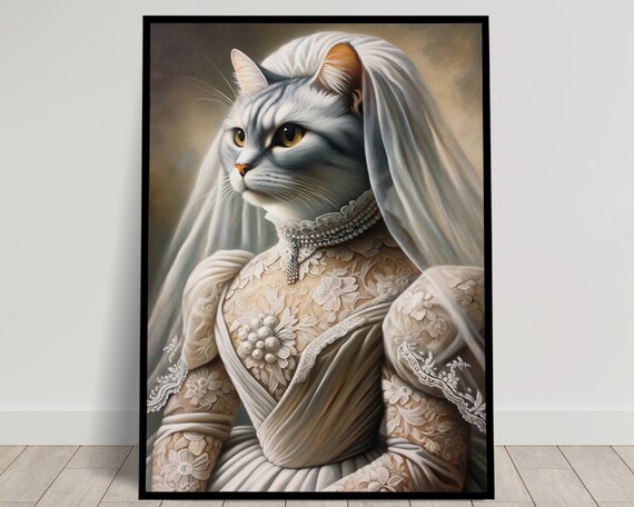 Gray Tabby Cat Bride in a Lace Wedding Dress Regal Animal Portrait Poster