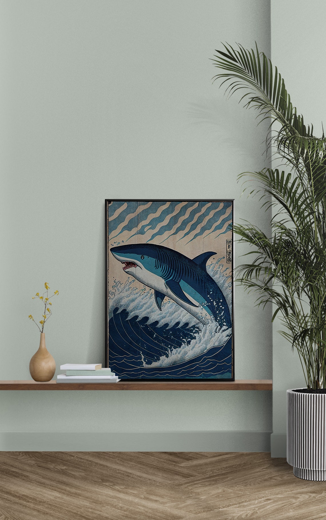 Great White Shark Leaping From Ocean Wave Japanese Art Poster - Image 2