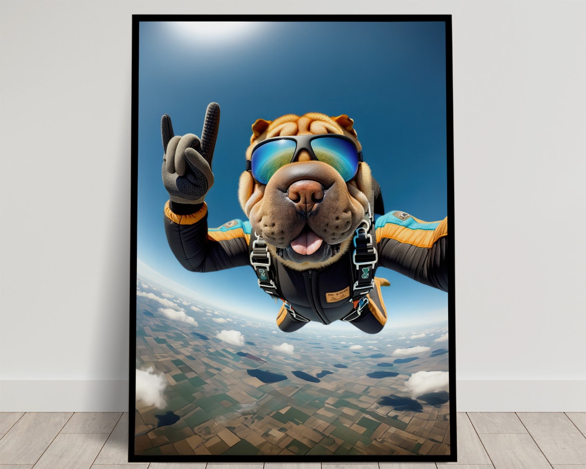 Shar Pei Dog Skydiving In Mirrored Goggles Epic Freefall Dog Poster