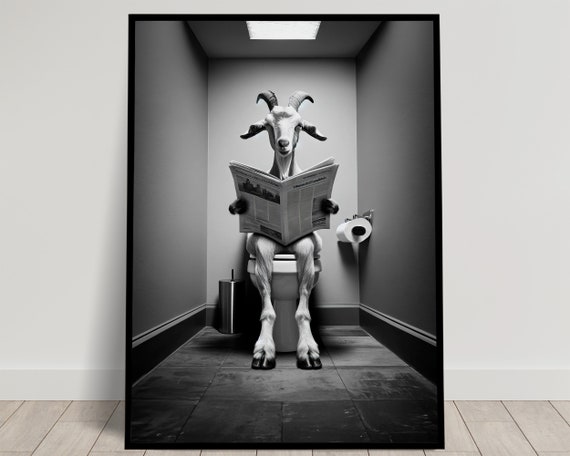 Photograph Of A Goat Reading On The Toilet In Black And White Fun Bathroom Decor Bathroom Wall Art Wc Toilet Poster Funny Gift