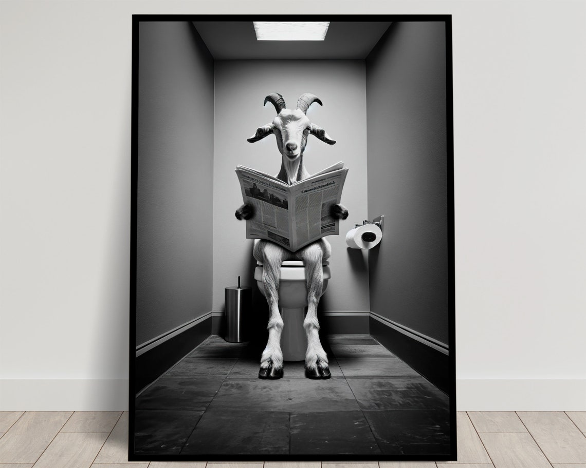Goat Reading Newspaper On Toilet Black And White Funny Bathroom Poster