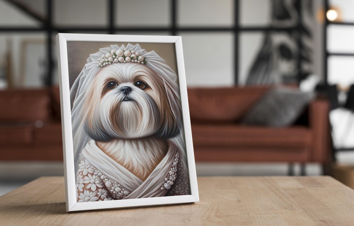 Shih Tzu Bride in Wedding Dress with Veil and Floral Headpiece Poster - Image 4